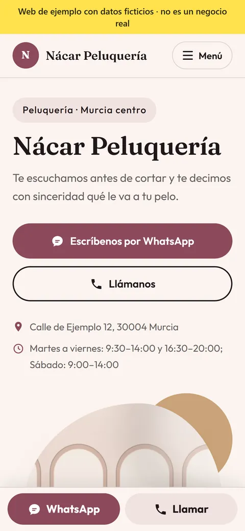 Ejemplo de web para peluquería en el móvil