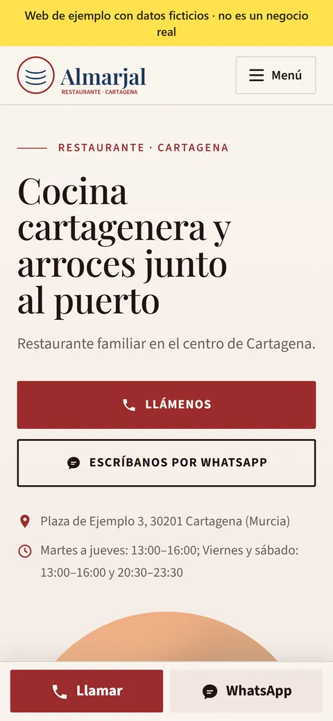 Ejemplo de web para restaurante en el móvil