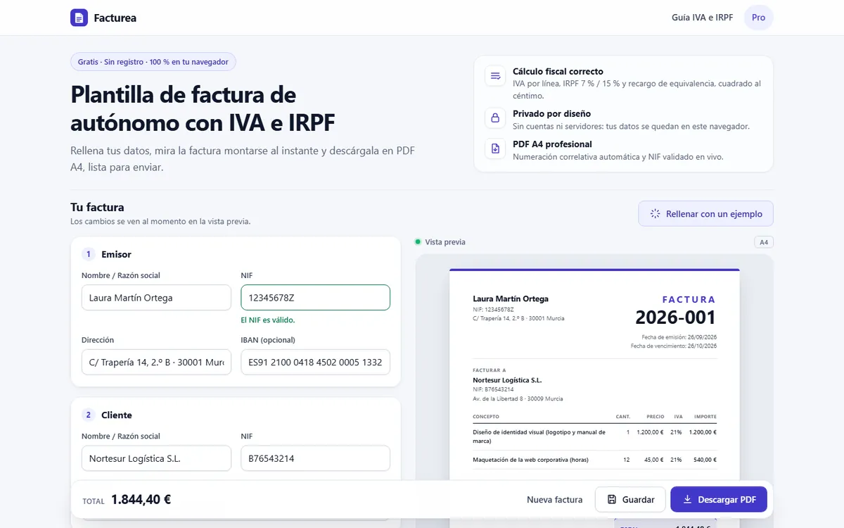 Facturea, plantilla de factura para autónomos